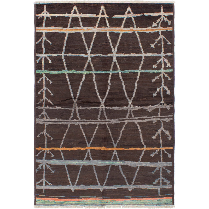 Tapis unique en laine noué à la main Mogul années 2010 cuivre / blanc cassé / bleu 5 pi 10 po x 8 pi 8 po