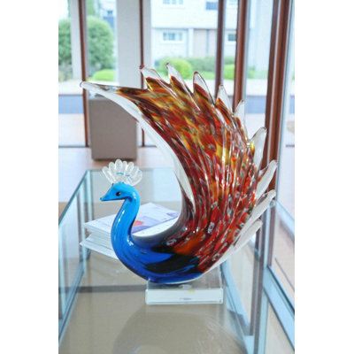 Figurine de paon en verre soufflé à la main sur base transparente NIFao 8 po x 3 po x H 10 po