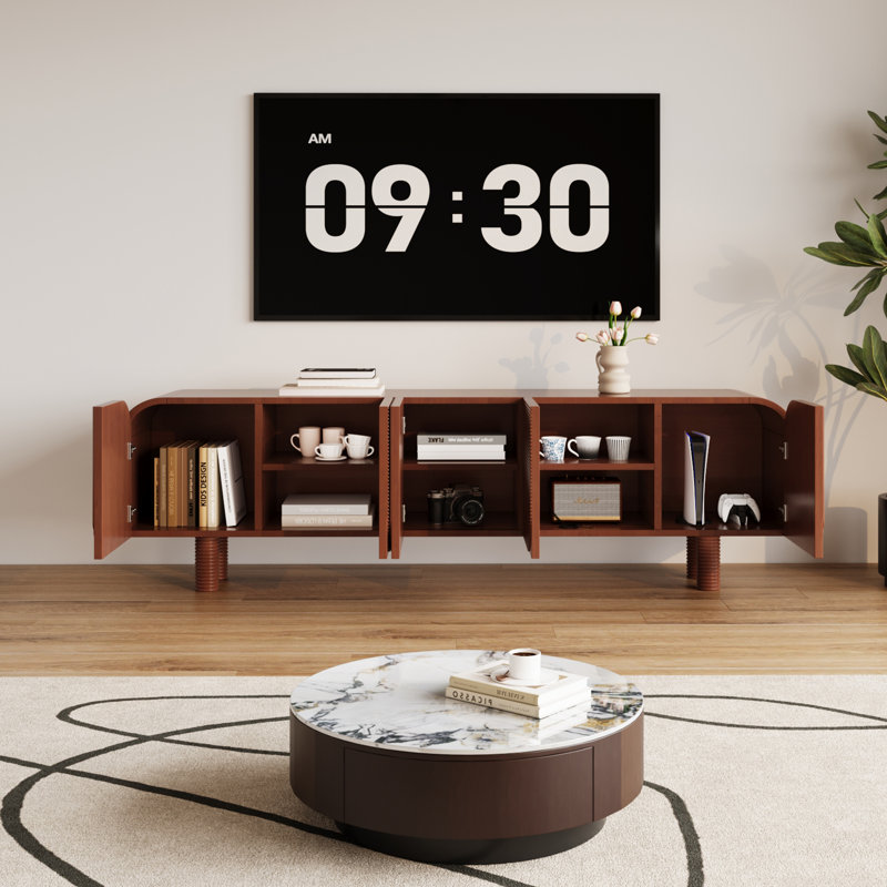 71'' TV Stand for Living Room, Wood TV Table with Four High Spiral Legs and Cabinets