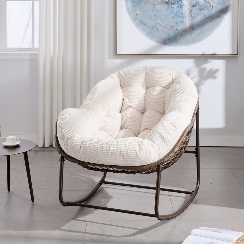 Chaise berçante d'extérieur, fauteuil inclinable à bascule rembourré en rotin PE, Blanc, Noir