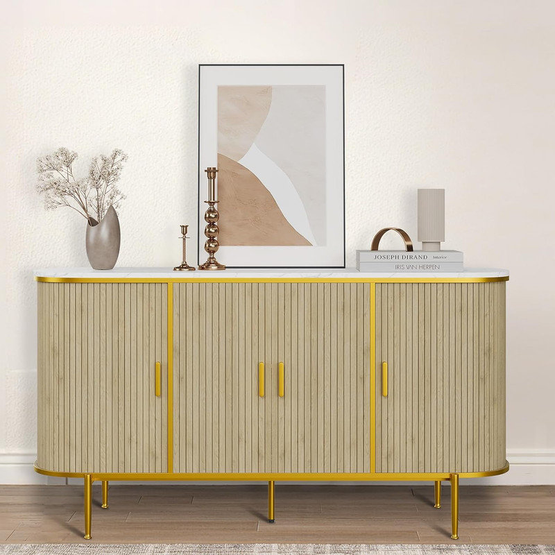 Buffet 50 po moderne avec rangement, console de bar Mid-Century cannelée avec plateau en faux marbre, portes coulissantes à profil courbé pour la cuisine, le salon et le vestibule