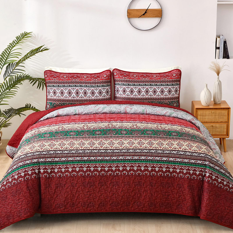 Ensemble de 3 courtepointe Boho Bohemian, Courtepointe pour lit grand + deux taies décorati, Rouge