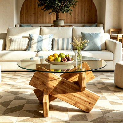 Table basse ronde en verre avec base en bois massif Crisscross, table d'appoint moderne pour le salon, 4 couleurs disponibles - bois naturel, noyer, chêne clair, gris