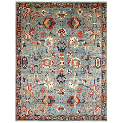 Tapis bleu clair et bleu marine de haute qualité noué à la main