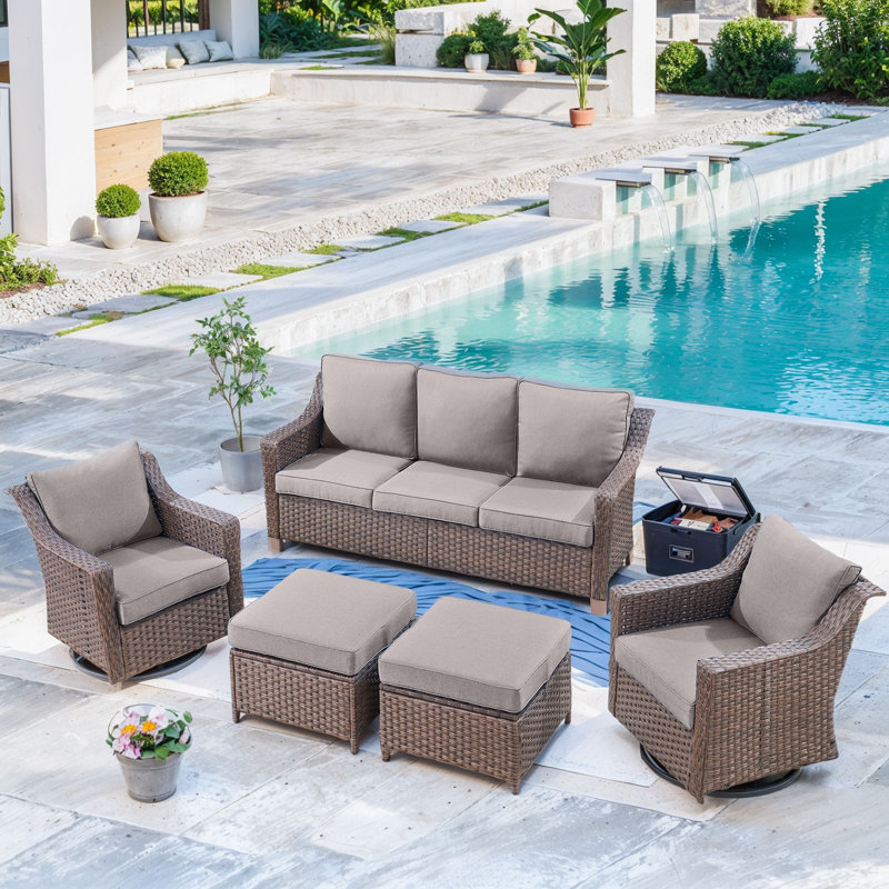 Jenesys Outdoor Wicker Sofa Set With Swivel Glider Chairs & Ottomans - Comfortable, Durable For Patios & Gardens, Gray
