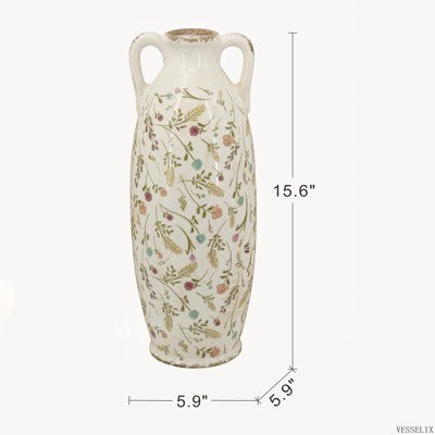 Vase amphore décoratif en céramique de 15 x 15 x 39,5 cm (5,9 x 5,9 x 15,6 pouces) orné de motifs floraux multicolores