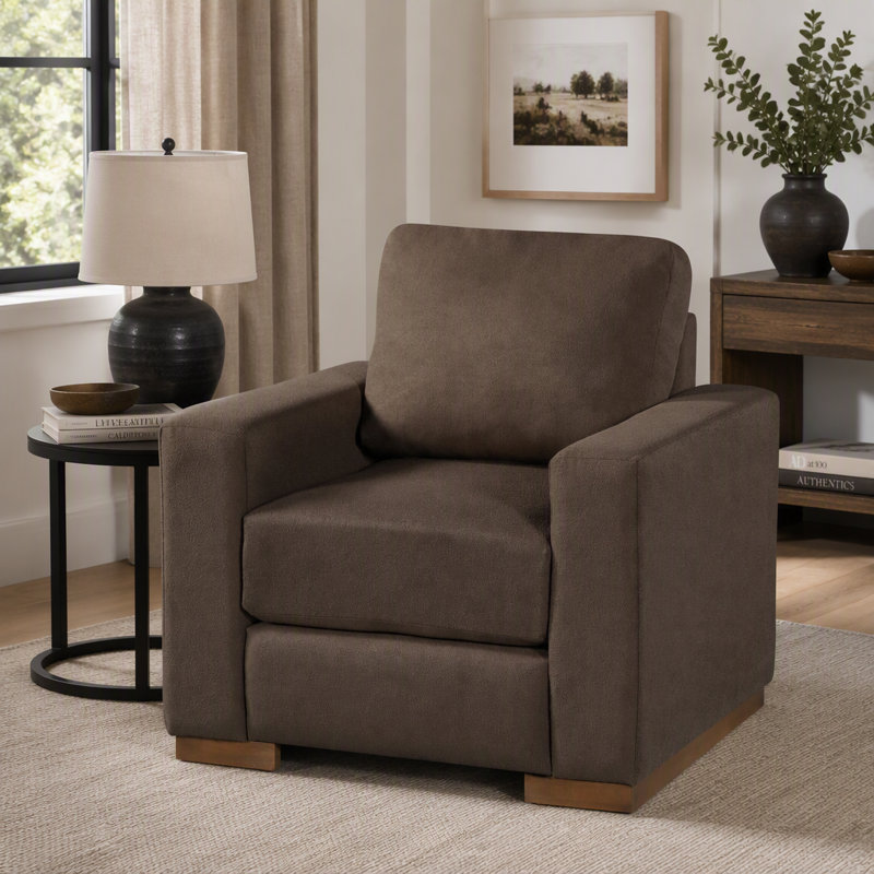 Fauteuil d'appoint carré avec piétement en bois d'hévéa, Lin brun
