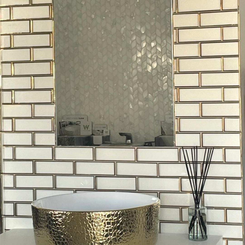 Athena 12" x 12" Glass Brick Joint Mosaic Wall Tile, Gold