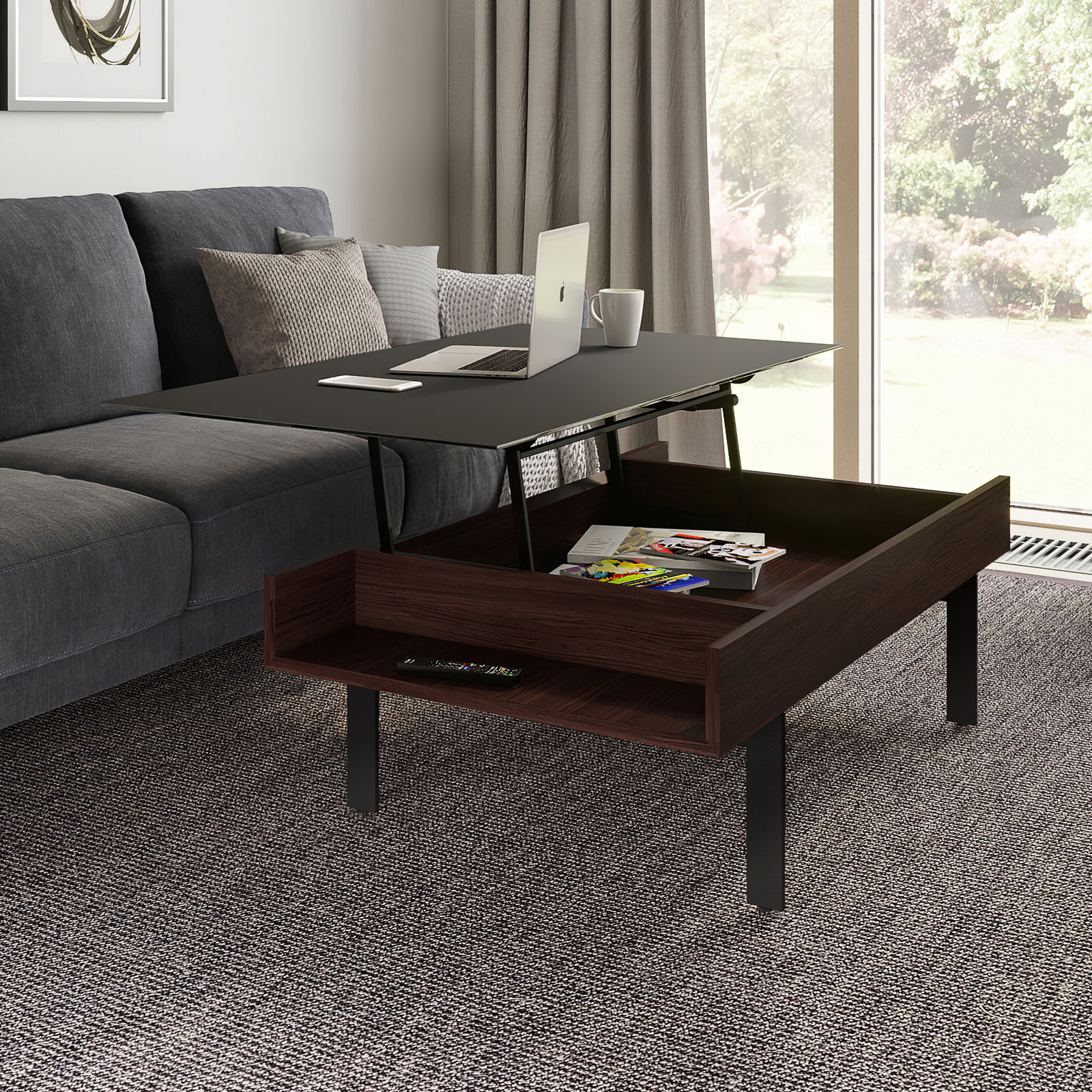 Reveal Single Coffee Table with Storage, Chocolate Stained Walnut