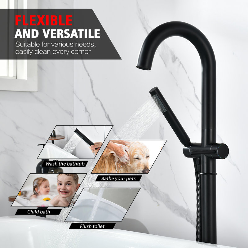 Sumerain Freestanding Bathtub Faucet, High Flow Single Handle Bathroom Floor Mount Tub Faucet With Handheld Shower