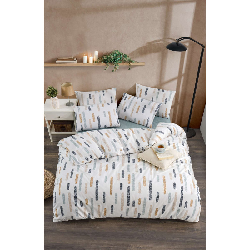 Quilt Cover Set, 80% Cotton / 20% Polyester, White & Mustard & Dark Blue | Duvet Cover 61 x 87, 1 Pillowcase 31.5 x 31.5 | Machine Washable, Pigment Printing, Button Closure | Soft & Stylish Bedding Solution
