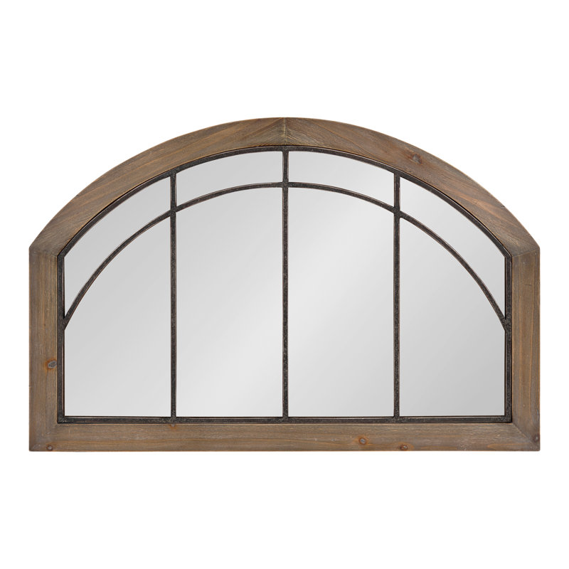 Haldron 36" Rustic Brown Wood Arch Mirror with Iron Fretwork