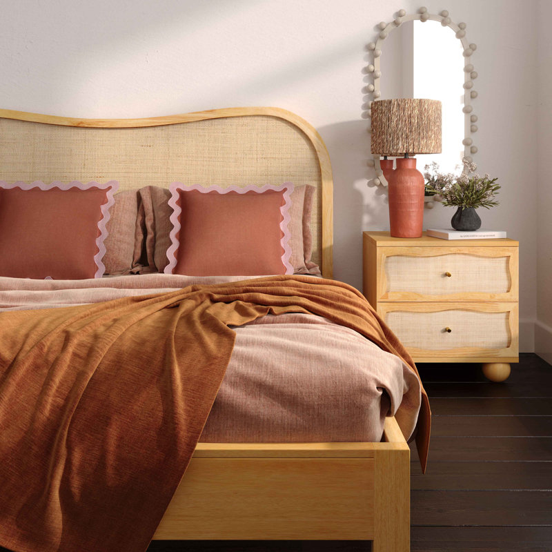 Tourmaline Natural Wood & Rattan Wavy Bed, Queen