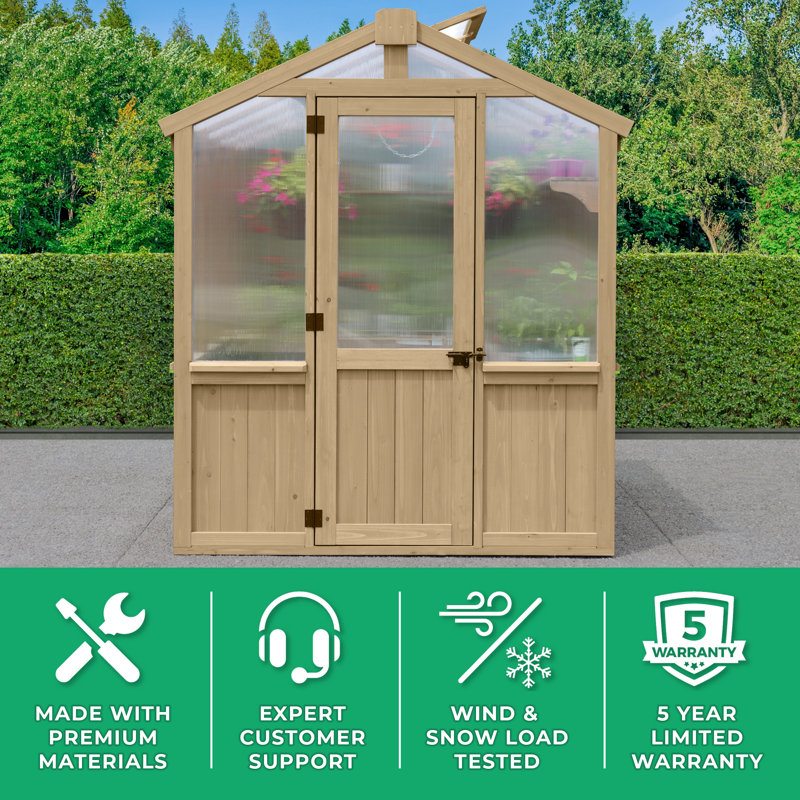 Serre avec cadre en bois de cèdre et panneaux en polycarbonate de 6,7 pi x 6,0 pi Meridian - Conception compacte et durable