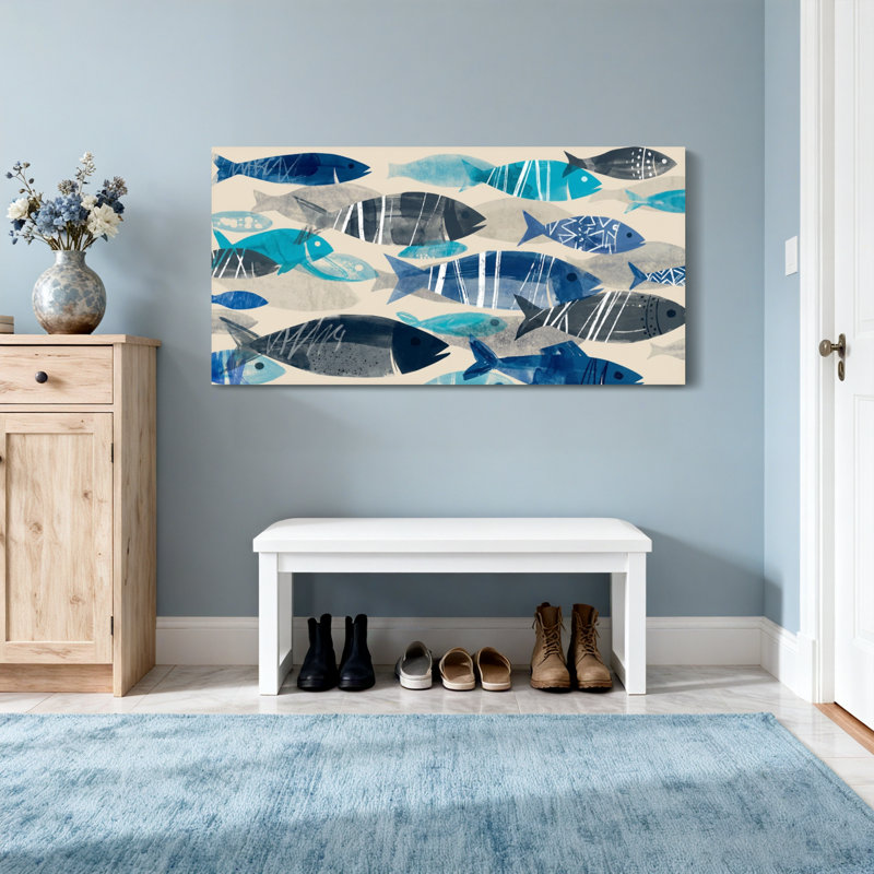 Animaux, motif de poisson bleu sur fond crème, H 20 po x l 40 po