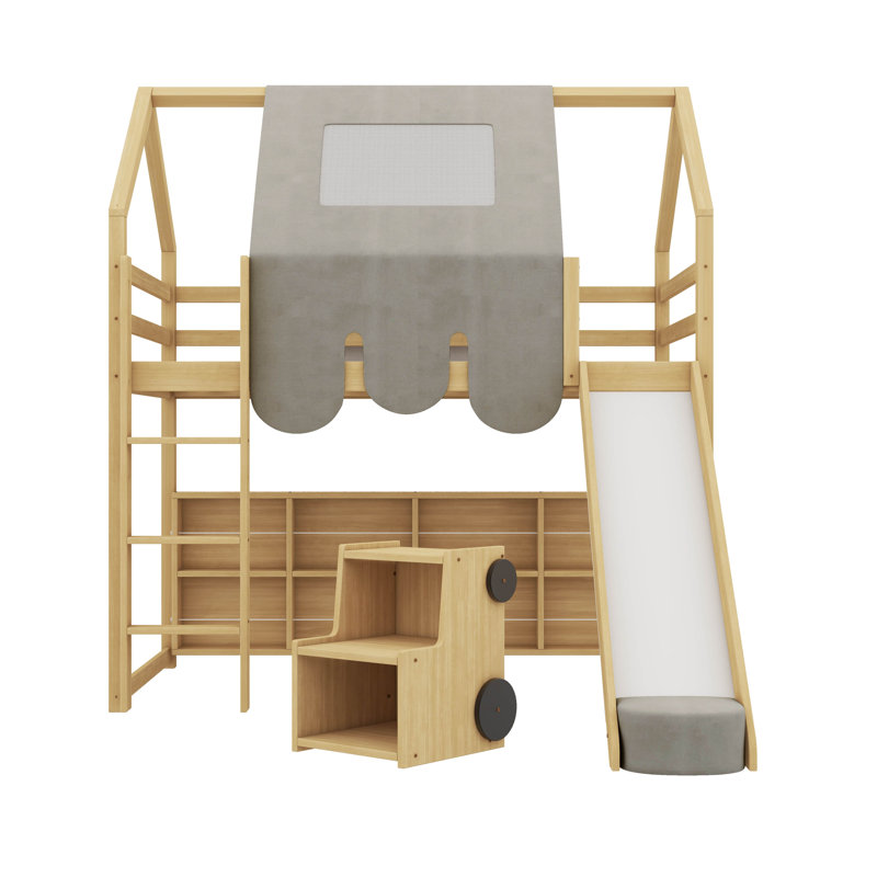 Lit mezzanine en bois avec structure en forme de maison et auvent de tente, Simple, Naturel / Beige