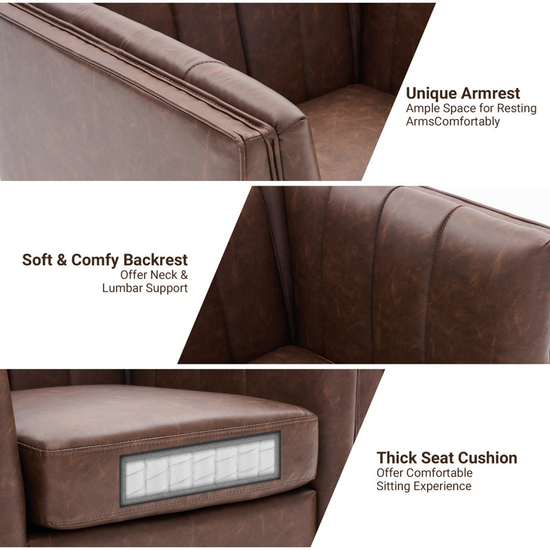 Allard 34.7'' W Swivel Chair Channel Tufted Faux Leather Vanity Armchair Accent Chair, Mocha Faux Leather