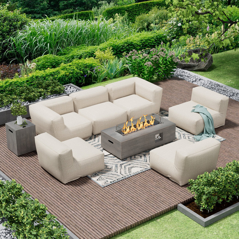 Ensemble de conversation modulaire d'extérieur pour 6 personnes avec foyer au propane, ensemble de 7 meubles de patio