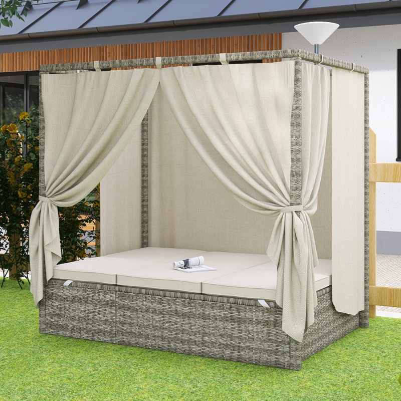 Adjustable Sun Bed With Curtain, Beige