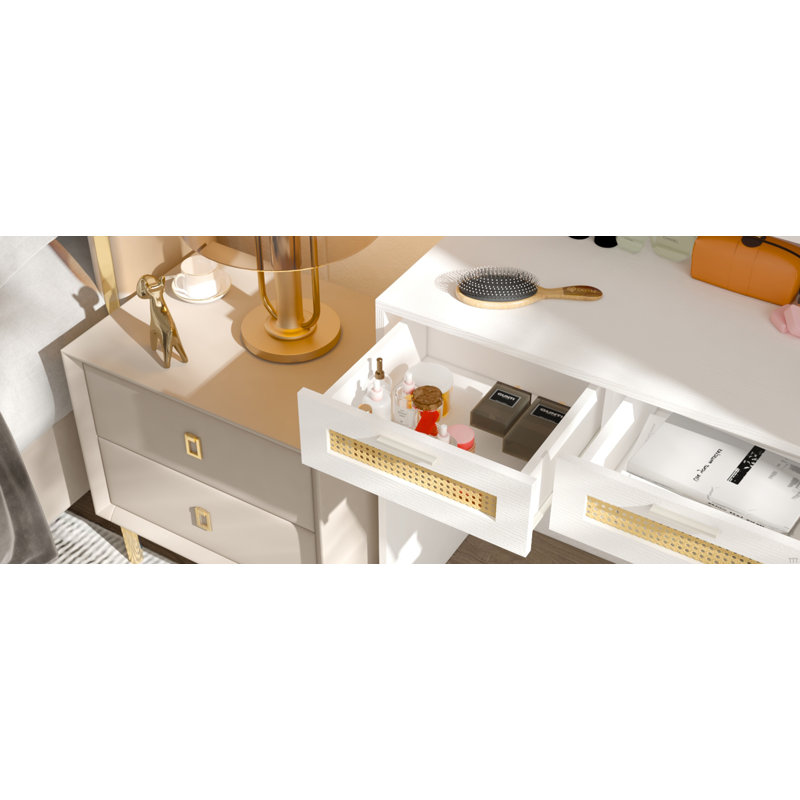 Makeup Vanity With Lights In 3 Colors & Openable Mirror, Vanity Desk With 4 Drawers & 1 Cabinets & Shelves, Vanity Table Rattan Vanity Dresser, For Bedroom