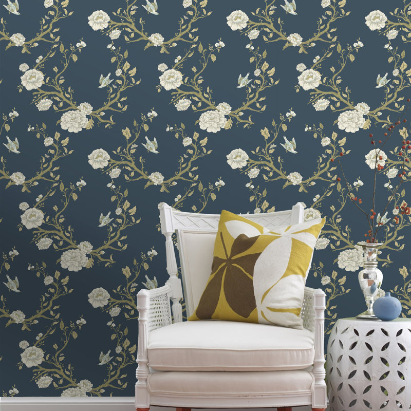 Papier peint floral fantaisiste , Bleu, L 393,7 po x l 20,87 po