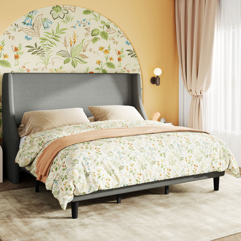 Emonnie Upholstered Platform Wingback Bed with Headboard, King, Light Gray