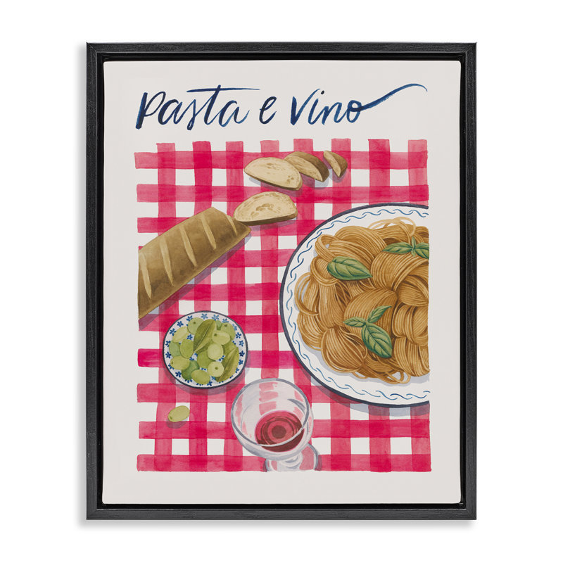  "Pasta & Wine on Tartan", art mural sur toile flottante par Grace Popp, H 31 po x l 25 po, Cadre flottant noir de jais