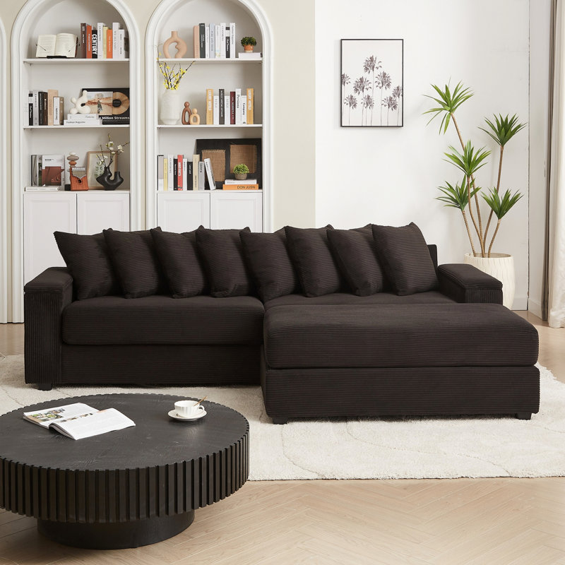Canapé en L avec méridienne, canapé modulaire rembourré avec coussins et deux espaces de rangement pour les accoudoirs, Noir