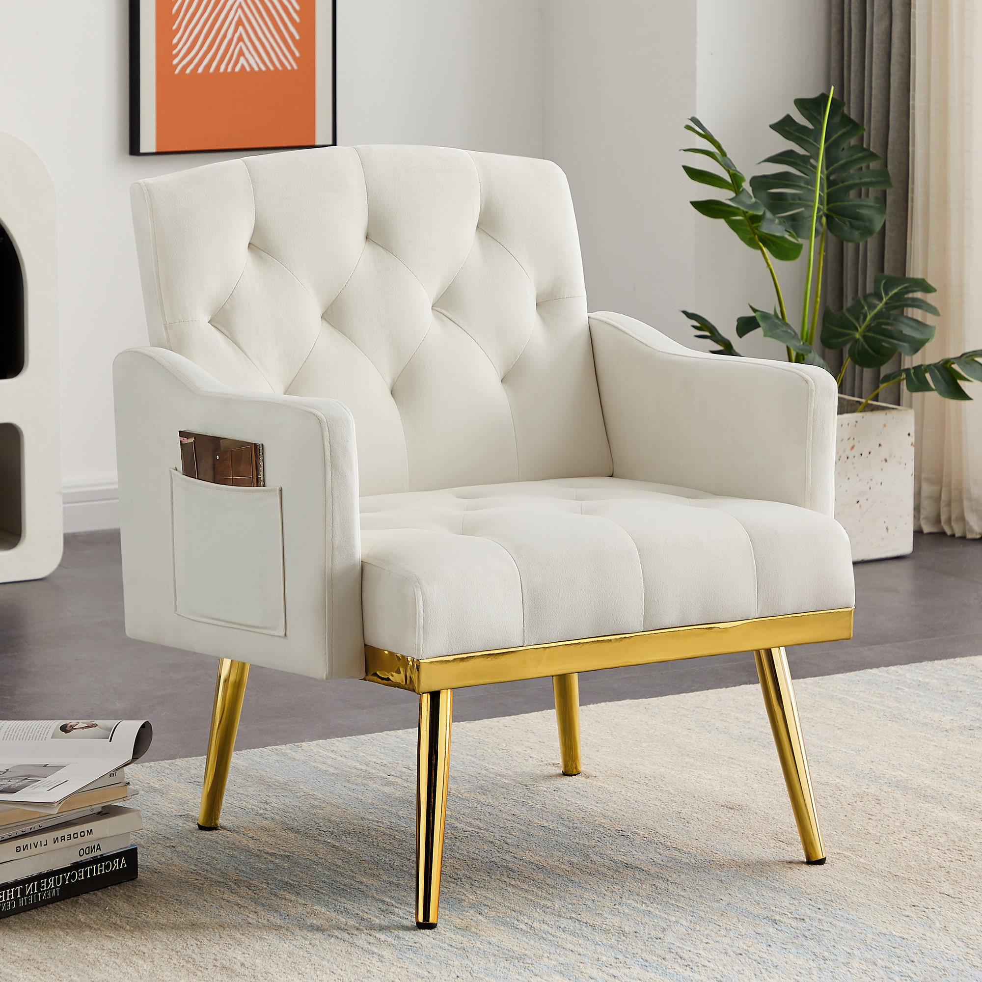 Mercer41 Fetterly Velvet Tufted Accent Armchair With Gold Metal Legs   Fetterly Velvet Tufted Accent Armchair With Gold Metal Legs 