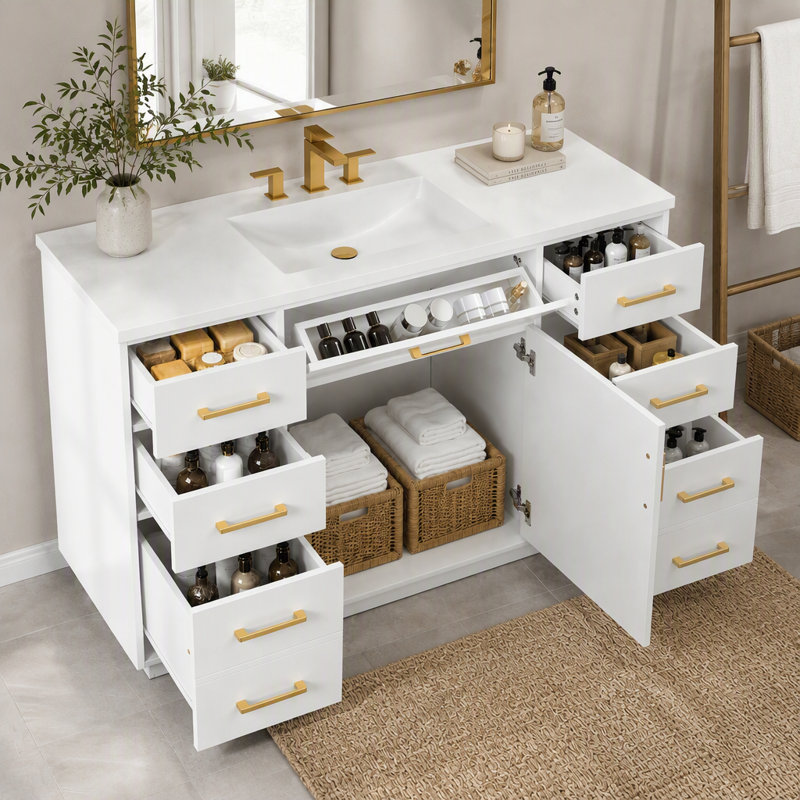 Meuble-lavabo à 7 tiroirs avec portes à fermeture douce et poignées dorées, Blanc