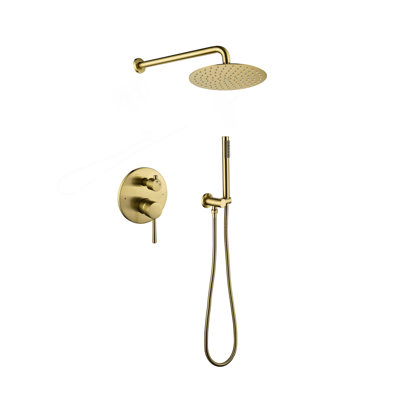 Shower System, Wall Mounted Shower Faucet Set For Bathroom With High Pressure 10" Stainless Steel Rain Shower Head Handheld Shower Set, 2 Way Pressure Balance Shower Valve Kit, Brushed Gold