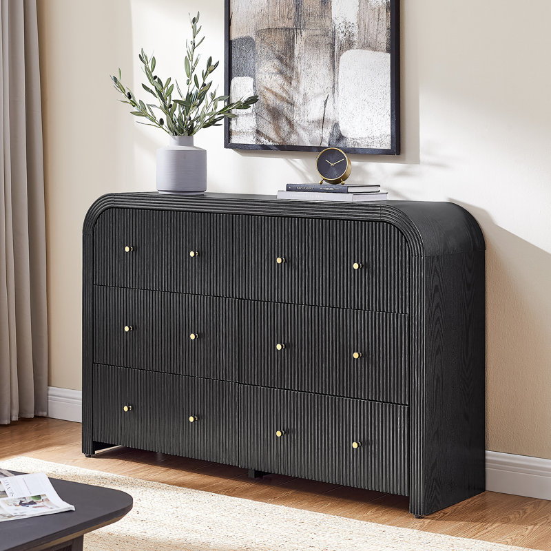 54" Fluted 6-drawer Dresser With Thickened Curved Profile, Black Oak
