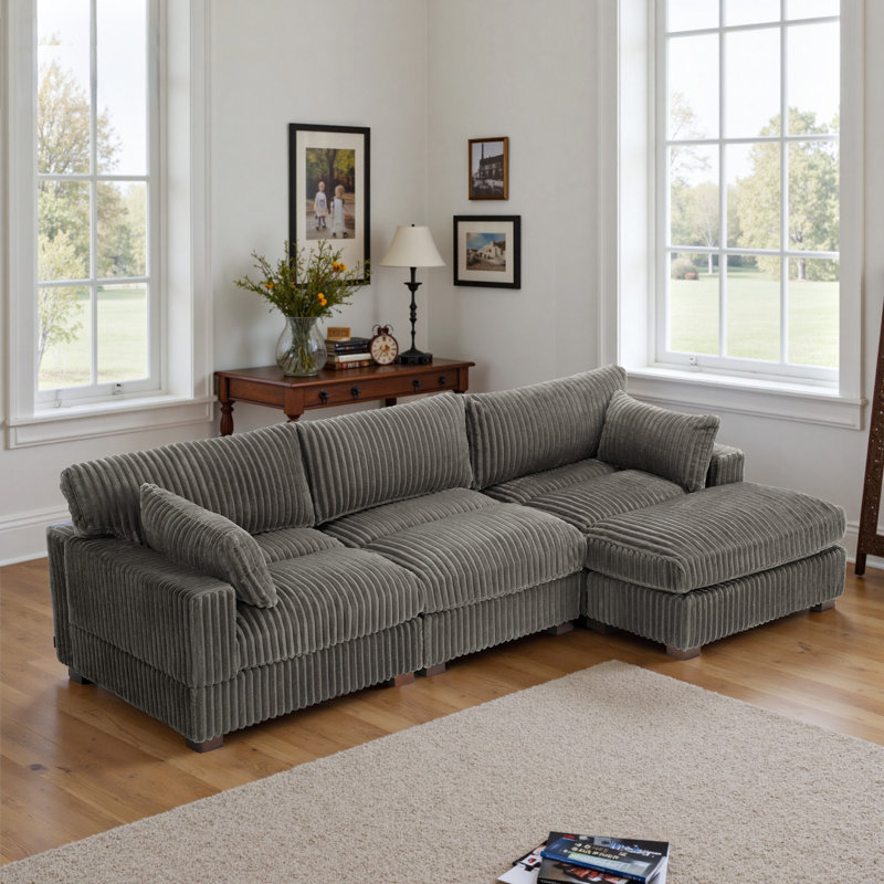 4 - Piece Upholstered Light Gray Faux Rabbit Fur Flannel Reversible Modular Sofa Living Room Sectional Couch with Ottoman