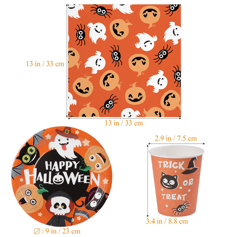 Halloween Party Disposable Tableware Set with Plates, Cups, and Napkins