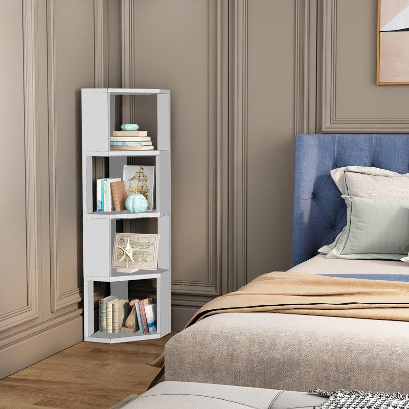 Corner Bookshelf, 4 Tiers Wooden Corner Bookcase Bookshelf Large Open Storage Display Rack with Fixture for Living Room Bedroom Study Office
