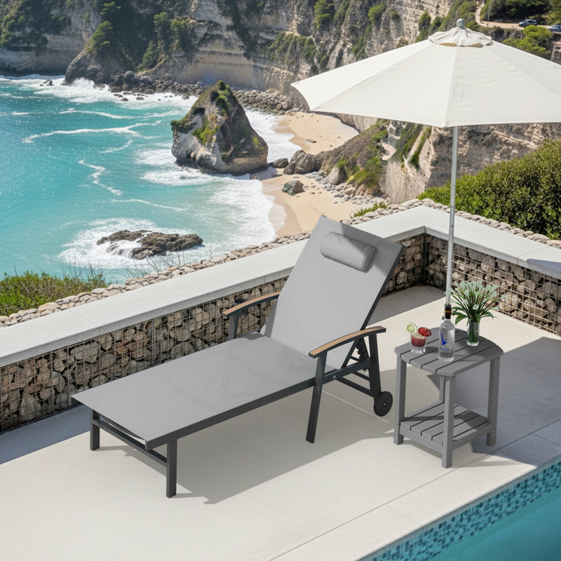 Outdoor Patio Adjustale Chaise Lounge Chair With Wheels And Armrests, Gray