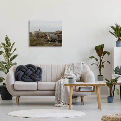 «Grazing Sheep Peaceful Grassland Hills Distant Lighthouse» par Daphne Polselli - photographie sur toile tendue