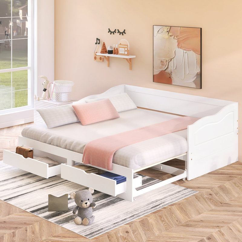 Wooden Daybed with Trundle Bed and Two Storage Drawers – Extendable White Sofa Bed for Bedroom and Living Room, White