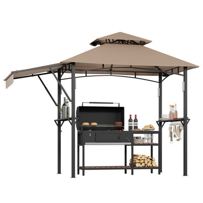 Khaki Heavy-Duty Double-Tier Grill Gazebo, 8x5 FT Steel Frame BBQ Canopy with Side Awnings, Shelves, Hooks and 4 LED Lights for Backyard or Garden