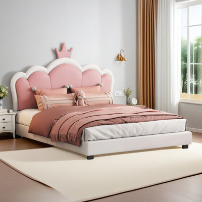 Upholstered Princess Bed With Crown Headboard, Platform Bed With Headboard And Footboard