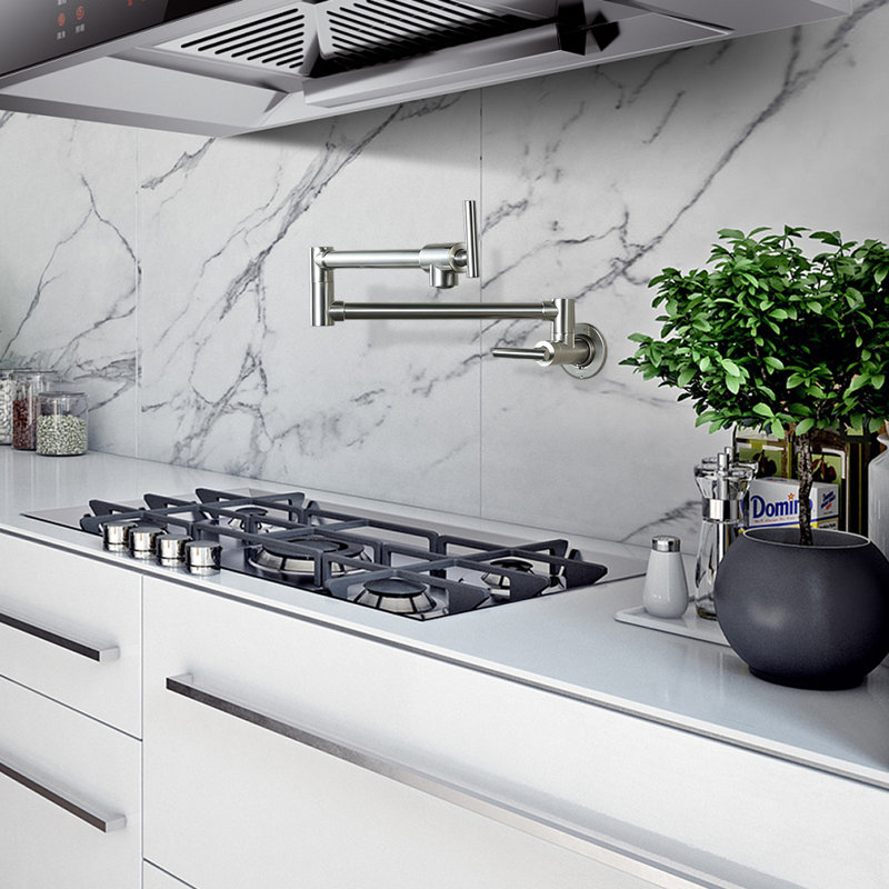 Commercial Wall Mount Brass Pot Filler Faucet with Double Joint Swing Arms, Brushed Nickel