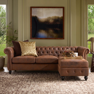 Camberley 4-Person Traditional Upholstered Chesterfield Sofa with Tufted Rolled Arms and Matching Storage Ottoman for Living Room