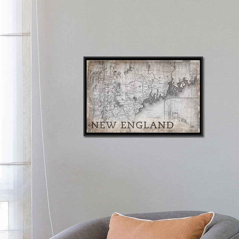 «New England Map, Vintage», impression sur toile, H 18 po x l 26 po x P 1,5 po, Toile avec cadre noir, Pas de tapis