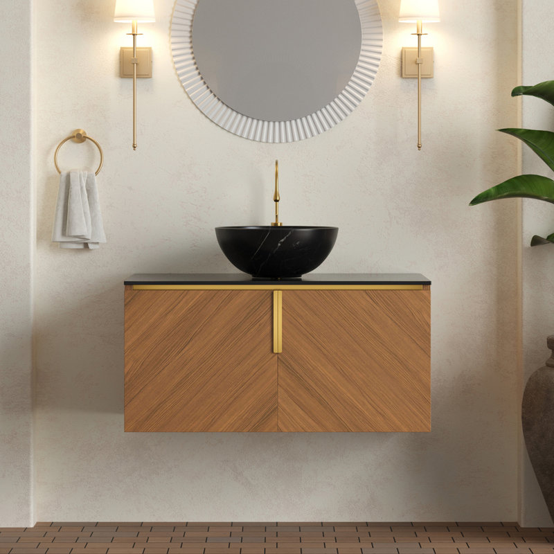 36" Bathroom Vanity & Sink, Floating Plywood Bathroom Storage Cabinet with Double Doors, Black Sintered Stone Countertop & Black Bowl Ceramic Basin with Stone Pattern