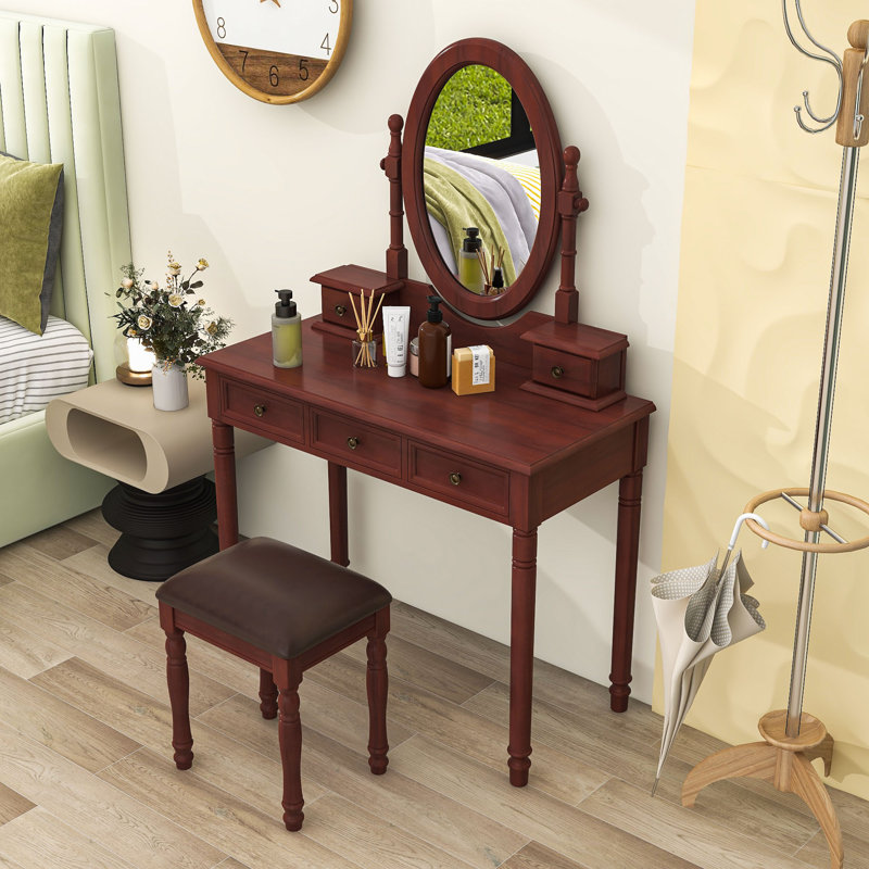 Wood Makeup Vanity Set with Adjustable Oval Mirror, Velvet-Lined Drawers and Cushioned Stool, Walnut