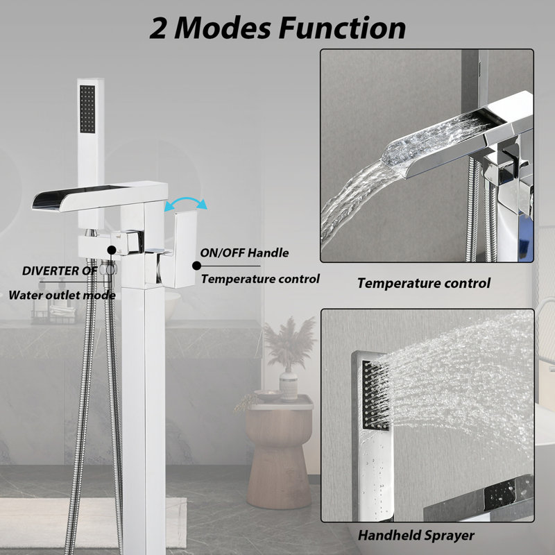 Freestanding Waterfall Tub Filler with Hand Shower, Chrome