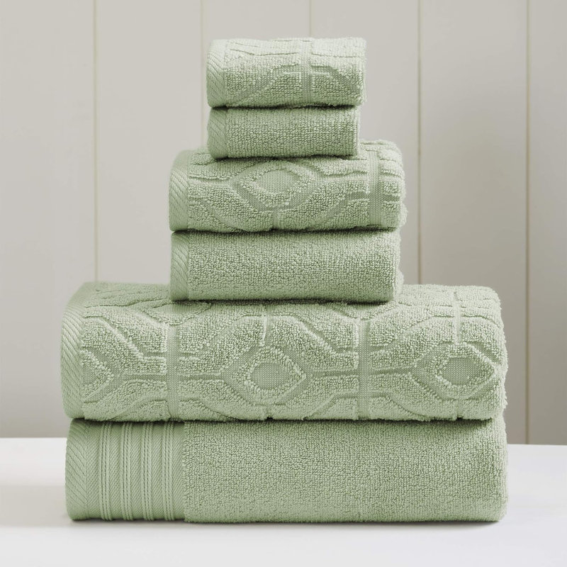 Modern Threads 6 Piece Set, 2 Bath Towels, 2 Hand Towels, 2 Washcloths, Diamond Gate Jacquard/Solid Towel Set, Seafoam