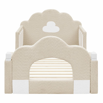 Twin Size Cloud Bed with Safety Guardrail ,Solid Wood Bed Frame for Bedroom, Boucle Fabric