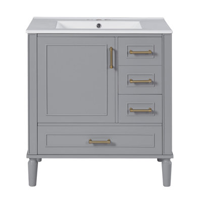 Meuble-lavabo de salle de bain avec lavabo en céramique, 3 tiroirs, tiroirs à fermeture en douceur et tablette à un seul niveau