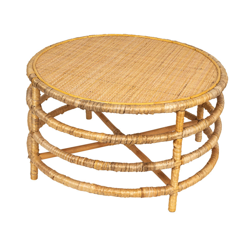 Table basse ronde en rotin et feuille de bananier
